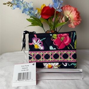 NWT Vera Bradley Blue Pink Ribbons Coin Purse Zippered Case 4x5” Retired